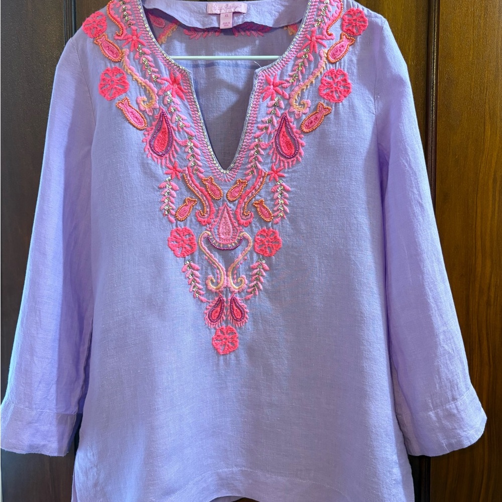 Lilly Pulitzer Lavender Top with Pink Embroidery